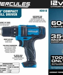 Wholesale 🤩 Best Sale 😉 HERCULES 12V Cordless 3/8 in. Compact Drill/Driver - Tool Only 🛒 🛒 -Hercules Sales Store 56563 W2SS